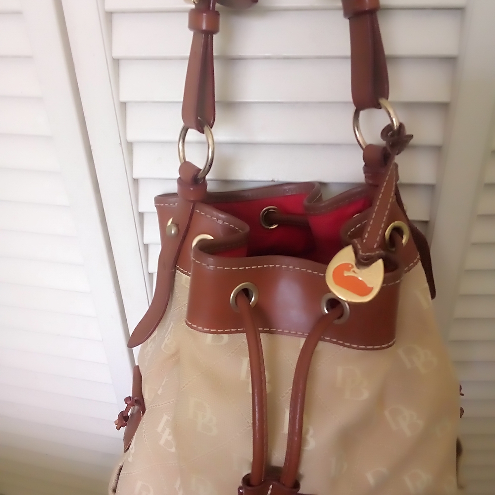 Dooney & Bourke Brown Leather Trim Drawstring Bucket Bag - Picture 2 of 5